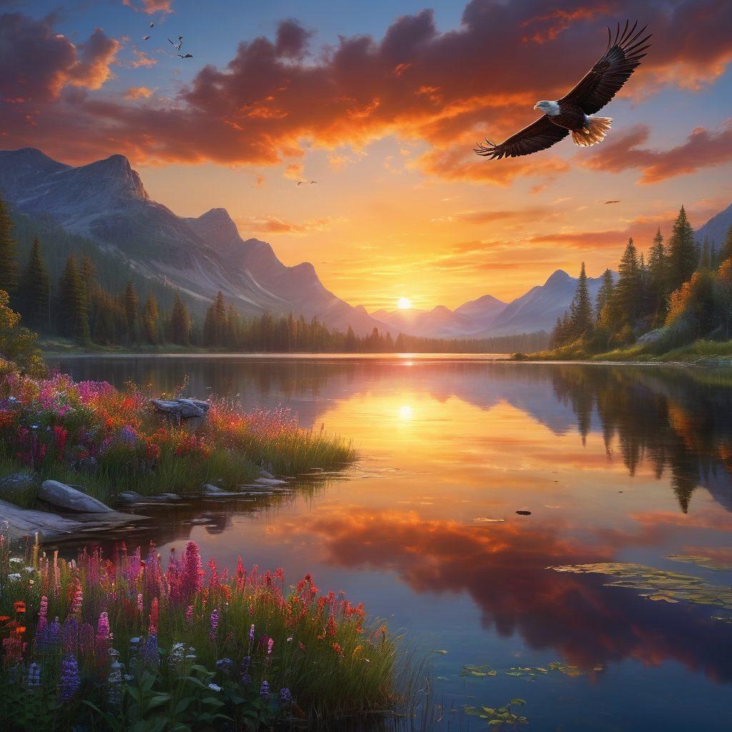 A breathtaking landscape showcasing a serene sunset over a tranquil lake, with vibrant wildflowers in the foreground. Include a majestic eagle soaring in the sky and a photographer with a camera, capturing the moment. The scene should evoke tranquility and a connection to nature, emphasizing rich colors and details. super-realistic. vibrant colors. natural lighting.