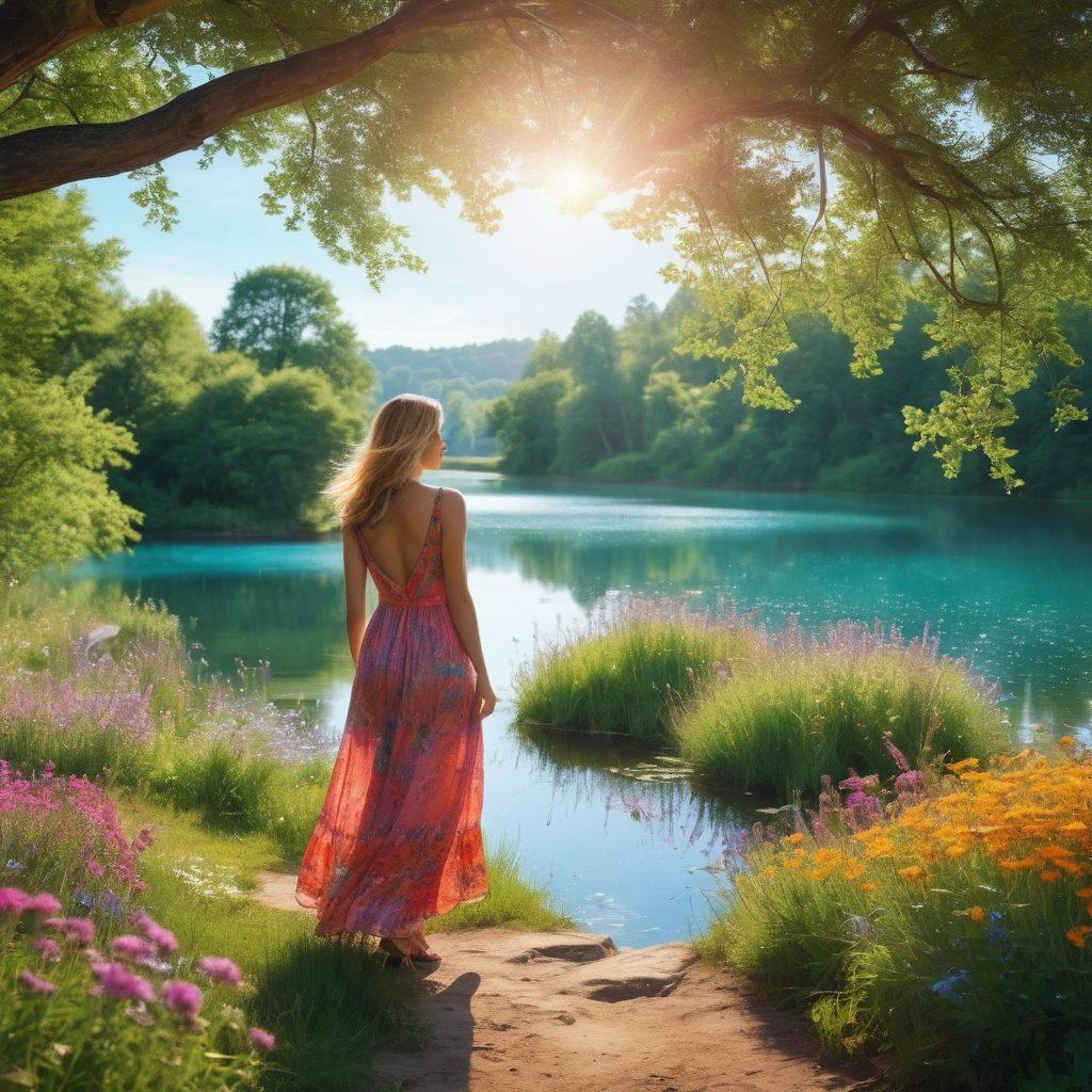 An enchanting summer landscape blending vibrant fields of wildflowers and a shimmering lake, with a stylish model showcasing a flowing, colorful summer dress that echoes the hues of the surroundings. Sunlight filters through a canopy of trees, creating a magical atmosphere filled with warmth and joy. The scene captures the essence of leisure and elegance, inviting readers to immerse themselves in this visual journey. super-realistic. vibrant colors. dreamy atmosphere.